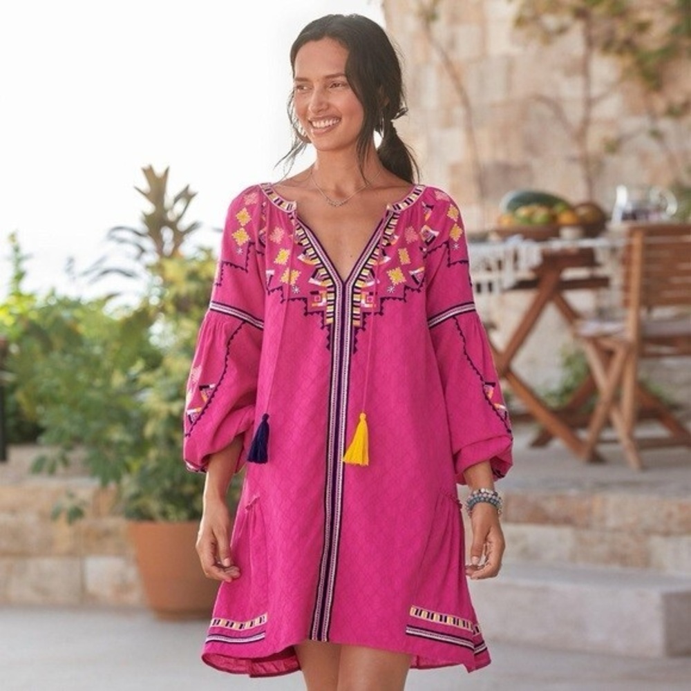 Sundance Tala Babydoll Embroidered Dress Bright Hot Pink Tassels Sz S NWT